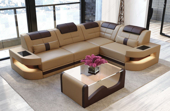 Ecksofa Couch Como Echtleder LED Beleuchtung - sandbeige