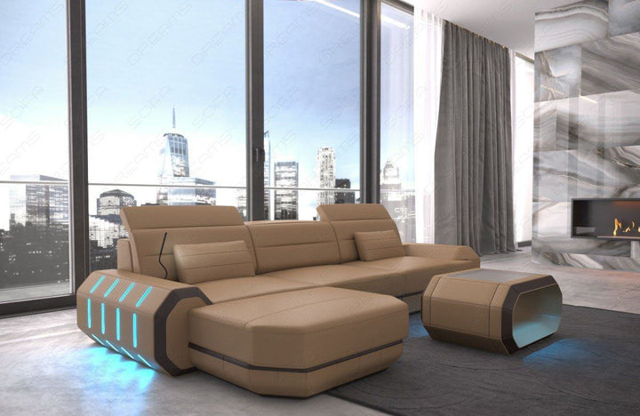 Designersofa Roma L-Form mit LED und USB - sandbeige-schwarz