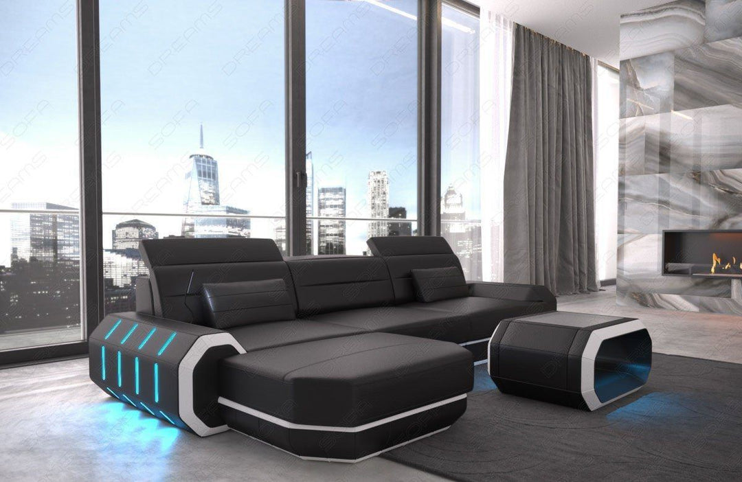 Designer Ledersofa Roma L-Form mit Ottomane und USB - schwarz-weiss