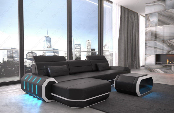 Designer Ledersofa Roma L-Form mit Ottomane und USB - schwarz-weiss