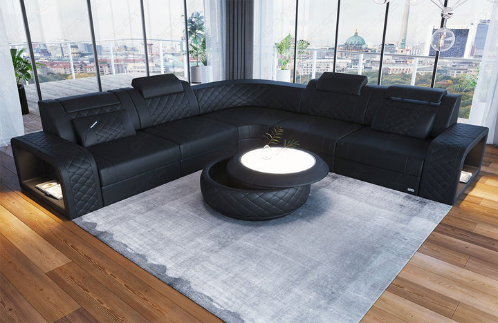 L Form Mini Ledersofa Foggia mit LED und USB in schwarz