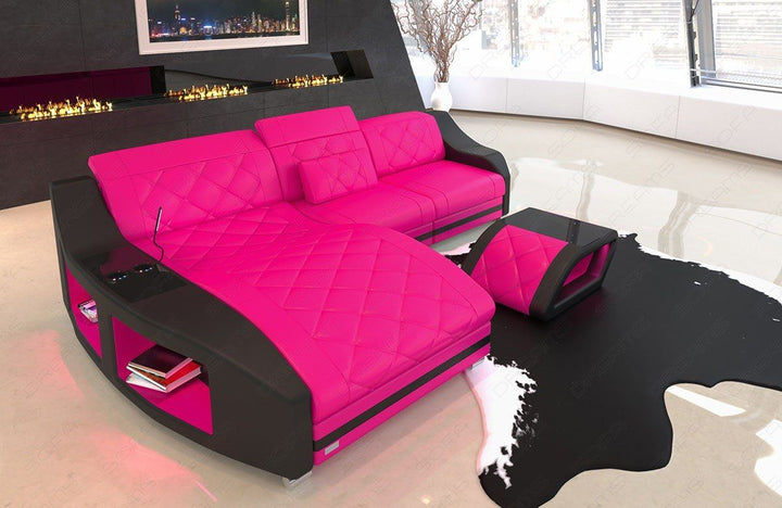 Leder Eckcouch Swing mit Recamiere in pink - schwarz
