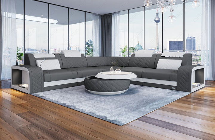 Sofa Foggia Mini L Form mit LED und Stoffbezug in grau - Mineva15 - Akzentfarbe weiÃŸ