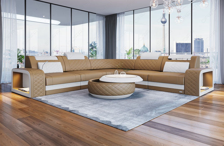 L Form Mini Ledersofa Foggia mit LED und USB in beige - weiÃŸ