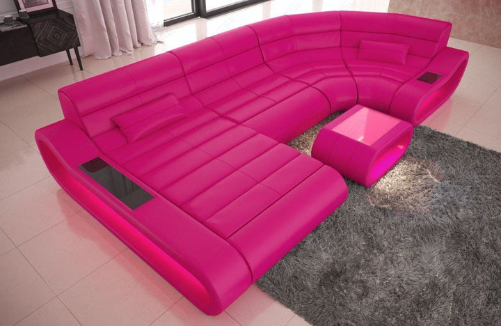 Leder Designersofa Wohnlandschaft LED Concept U form mit Beleuchtung in pink