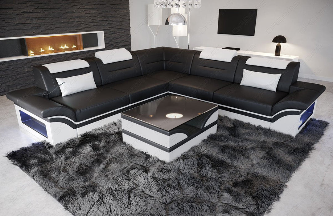 Leder Ecksofa Brianza L Form in schwarz - weiss