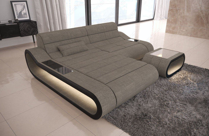 Design Ecksofa Concept L Form kurz mit LED-Beleuchtung in sand - Hugo15 Strukturstoff