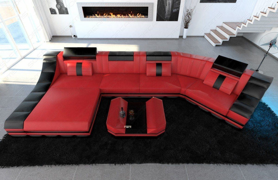 Leder Wohnlandschaft Turino C-Form  in rot-schwarz