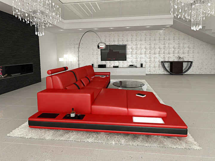 Exklusives Ledersofa Messana L Form in rot-schwarz
