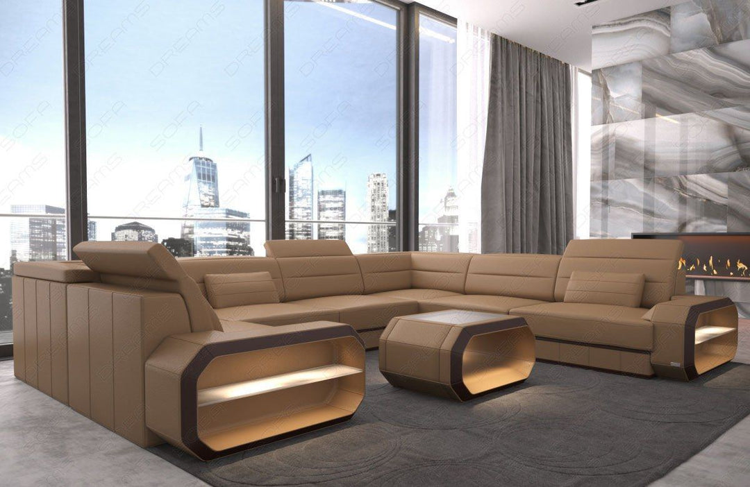 Ledersofa Verona in der Mini U Form mit LED in Sandbeige-dunkelbraun