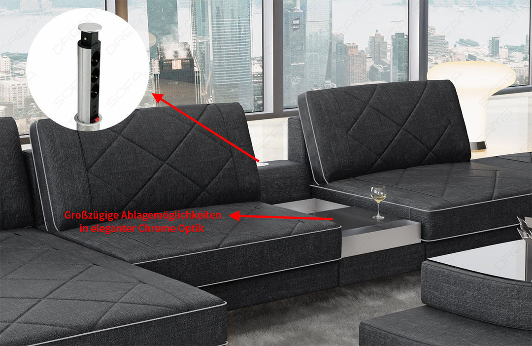 Detailbild der Multifunktionskonsole mit ausfahrbarer Steckdosenleiste, Schublade und 2 USB AnschlÃ¼ssen (optional)