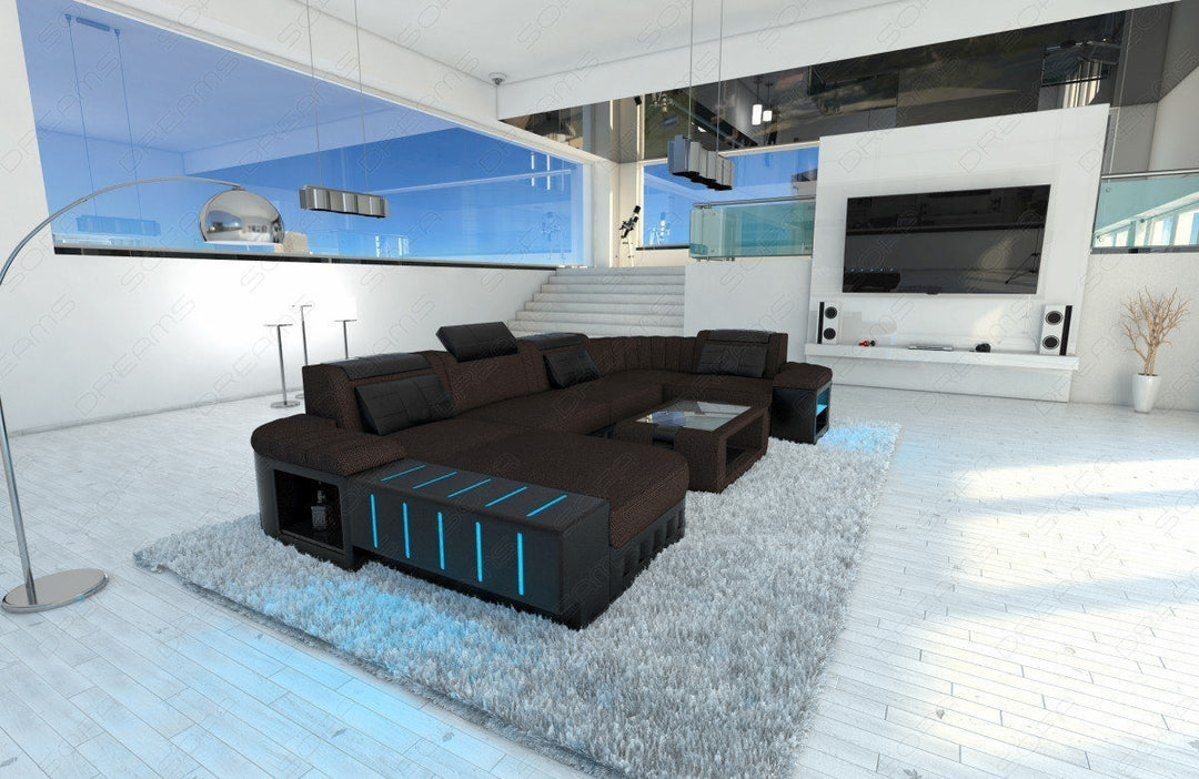 Stoffcouch Wohnlandschaft Bellagio U Form in graubraun -Hugo16 Strukturstoff