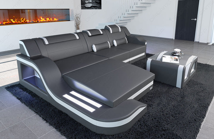 Ledercouch Palermo L Form mit LED Beleuchtung in den Farben grau-weiss