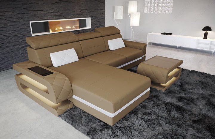 Stoffsofa Bologna Mini L Form mit LED und USB Anschluss in cappuccino - Mineva6 Mikrofaser Stoff