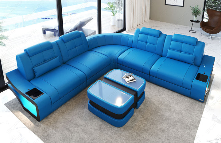 Luxus Leder Ecksofa Elena L Form lang in blau-schwarz