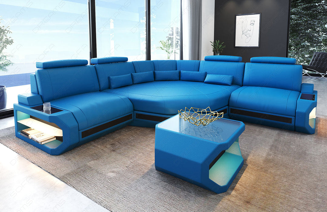 Leder Ecksofa Asti L Mini mit LED Beleuchtung in blau-schwarz