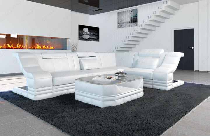 Modernes Leder Ecksofa Bianchi L Form mit LED-Beleuchtung in komplett weiÃŸ