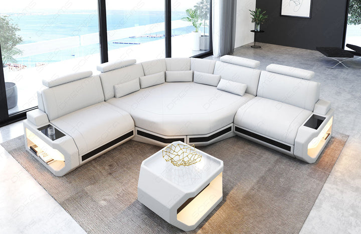 Design Leder Ecksofa Asti L Mini mit LED Beleuchtung in weiÃŸ-schwarz