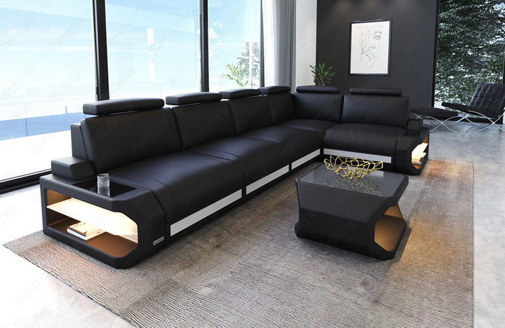 Leder Ecksofa Siena L Form lang in schwarz-weiÃŸ