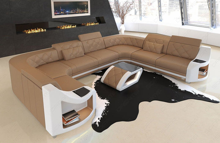 U Form Mini Ledersofa Genua mit USB und auch LED in sandbeige - weiss