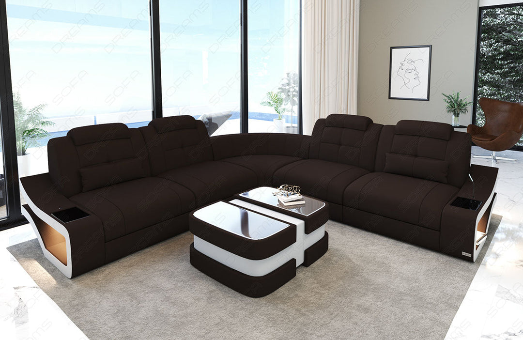 Sofa Elena Mini in der langen L Form mit Stoffbezug in mokka - Mineva18 Mikrofaser Stoff