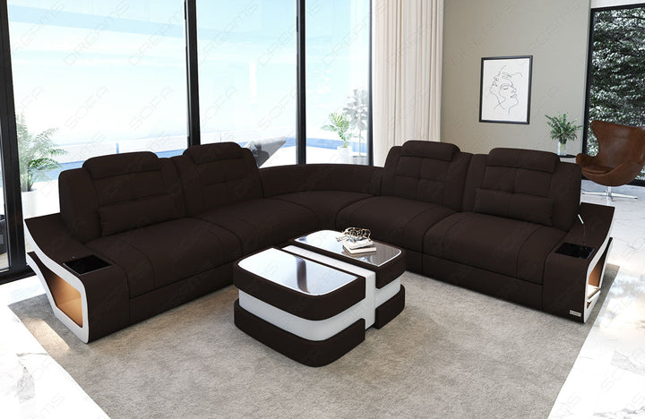 Sofa Elena Mini in der langen L Form mit Stoffbezug in mokka - Mineva18 Mikrofaser Stoff