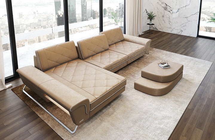 Samtstoff Sofa Bari L Form in sandbeige - SunVelvet1004