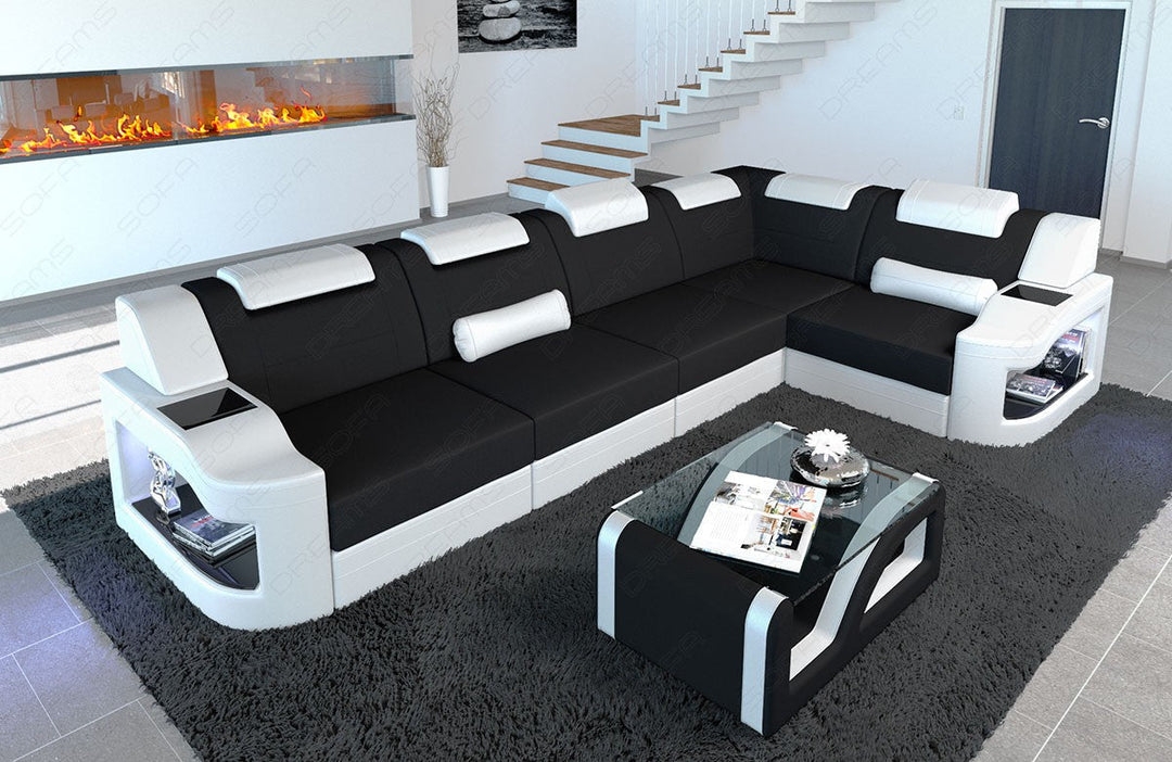 Polster Eckcouch Padua L Form mit LED in schwarz - Mineva14 Mikrofaser Stoff
