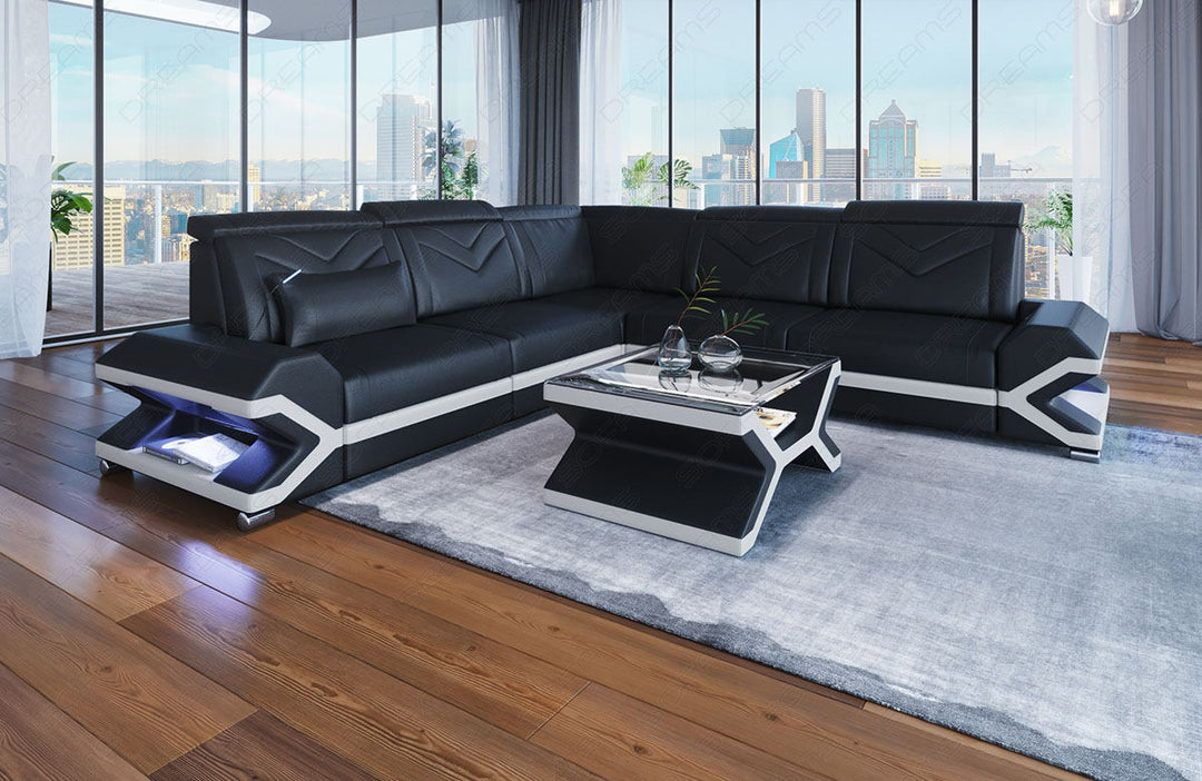 Ledersofa Sorrento Mini L Form mit LED in schwarz-weiss