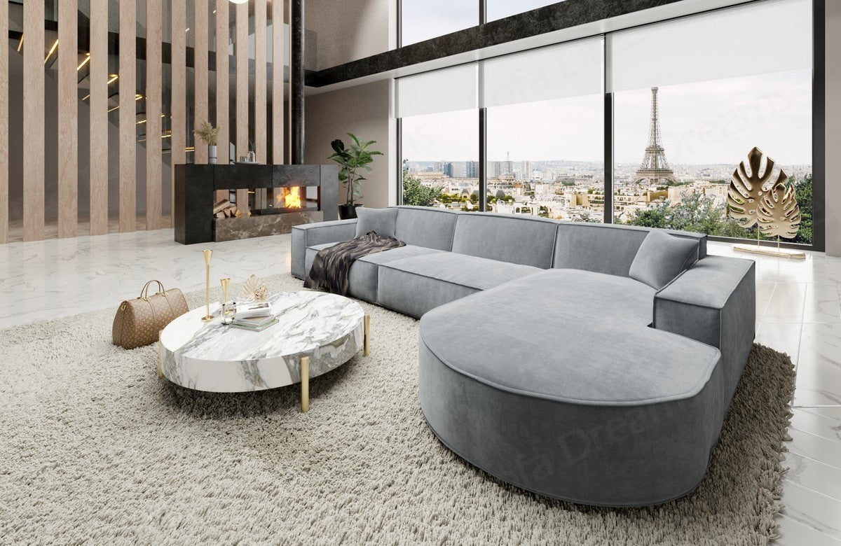Design Stoff Ecksofa Alegranza L form kurz in Samtstoff - Hellgrau