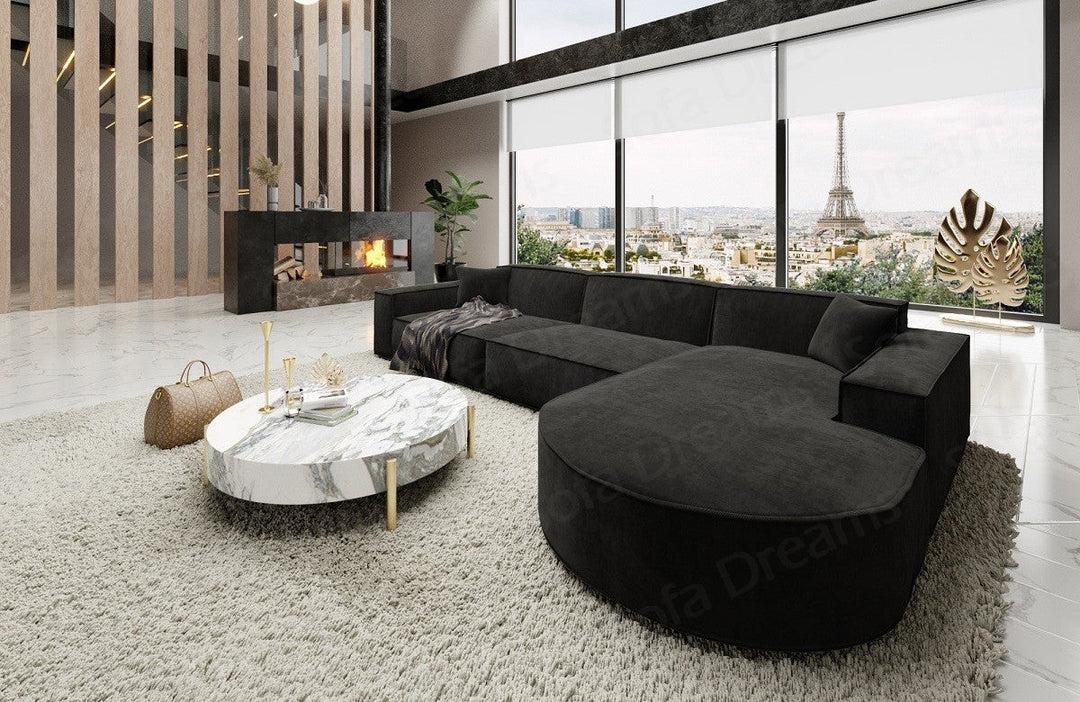 Design Stoff Ecksofa Alegranza L form kurz in Samtstoff - Schwarz