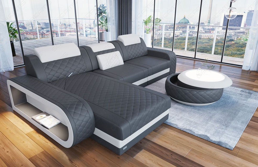 Leder Ecksofa Berlin L Form Mini in grau-weiÃŸ