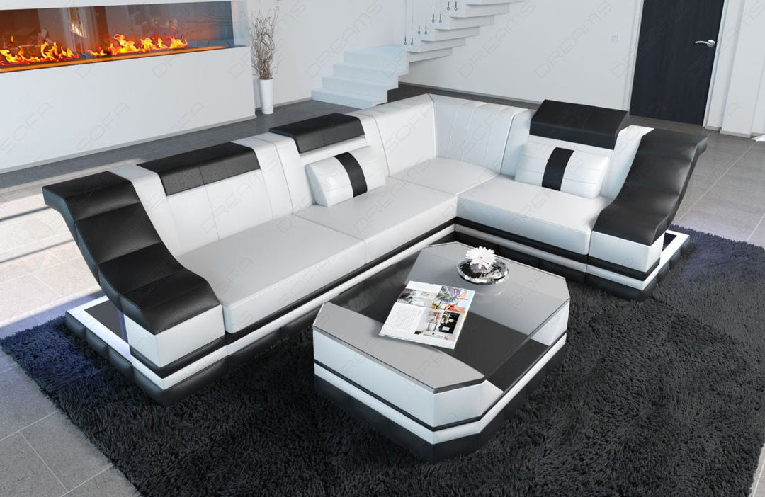 Modernes Leder Ecksofa Bianchi L Form mit LED-Beleuchtung in weiÃŸ-schwarz