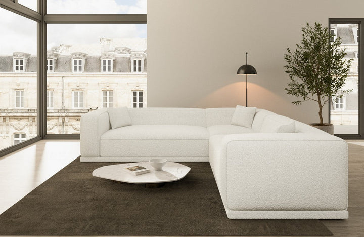 Moderne Stoffcouch Merida L Form mit Boucl??stoff Bezug - Weiss