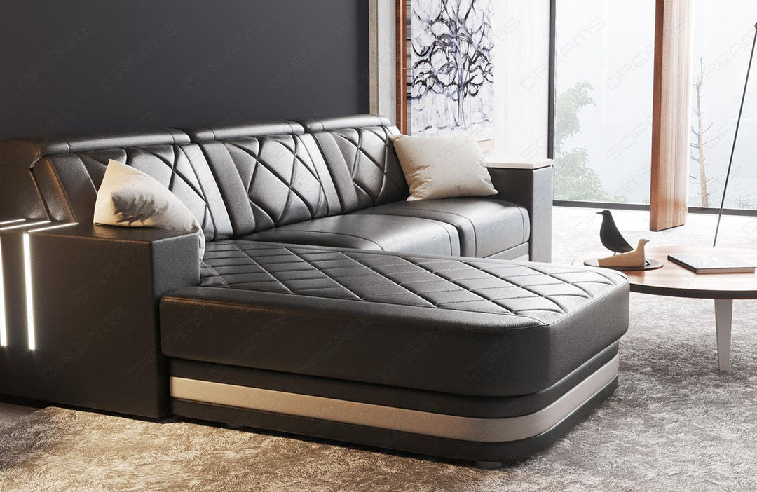 Leder Ecksofa Cesena L Form in beige-weiÃŸ. Detailansicht der Ottomane