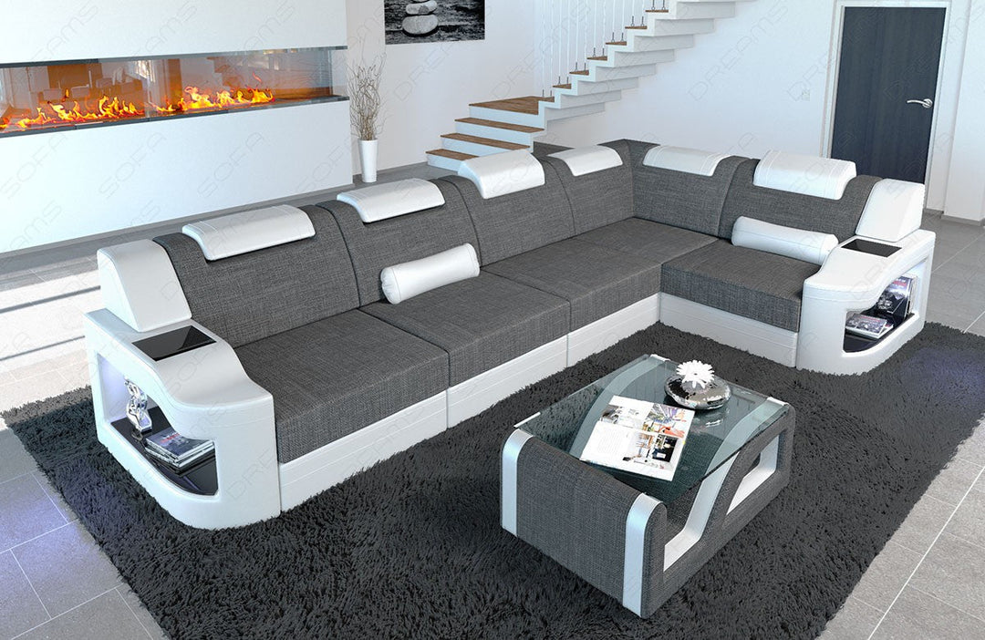 Luxus Stoffsofa Padua L Form mit LED-Beleuchtung in grau - Hugo5 Strukturstoff