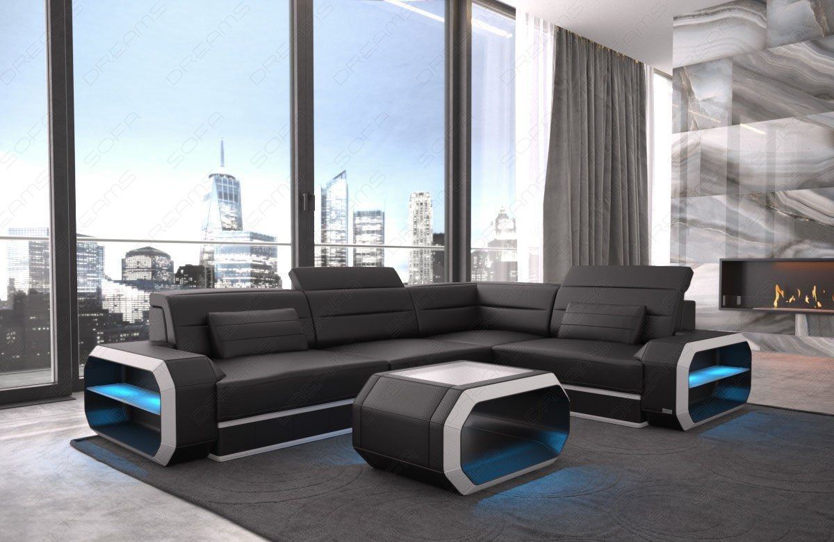 Verona L-shaped leather couch with LED – style & comfort