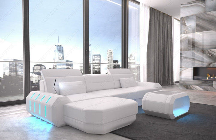 Ecksofa Leder Roma L-Form mit LED und USB - weiss