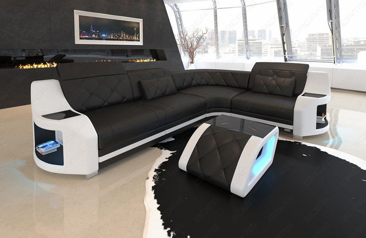 Mini Ledersofa Genua in der L Form in schwarz - weiss 