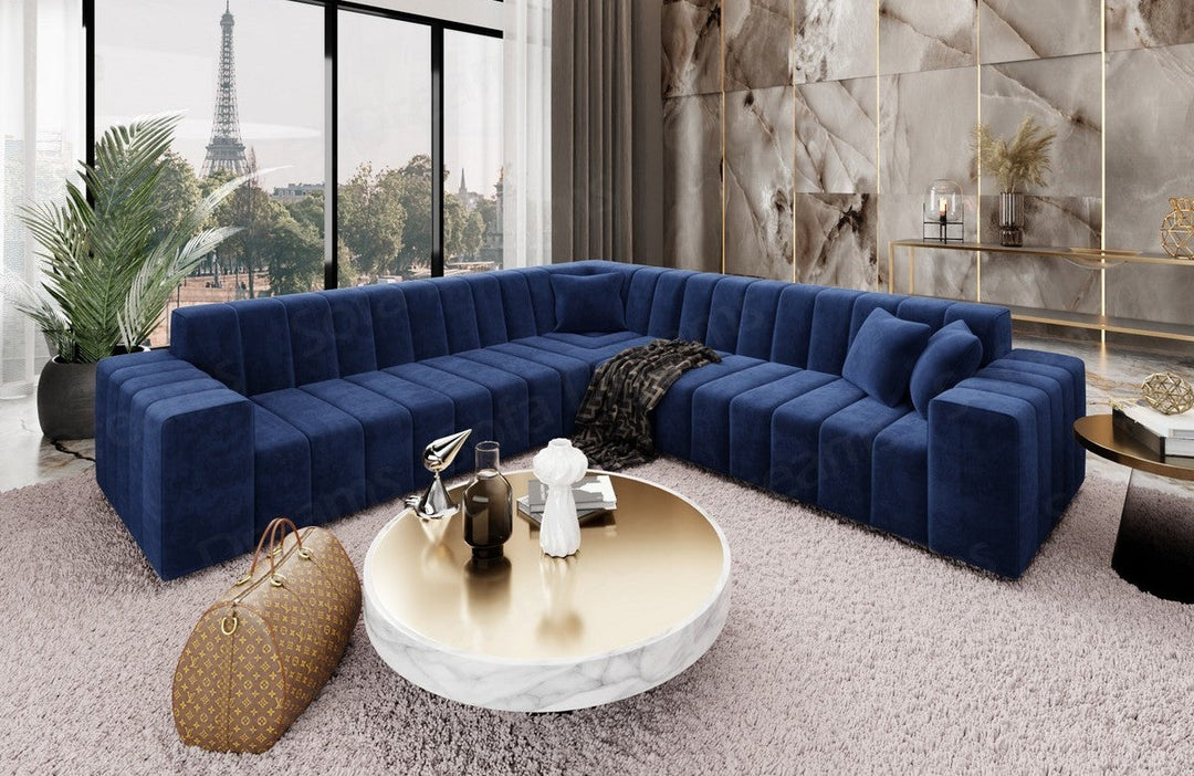 Design Polster Ecksofa Gran Canaria L Form in Samtstoff - Dunkelblau