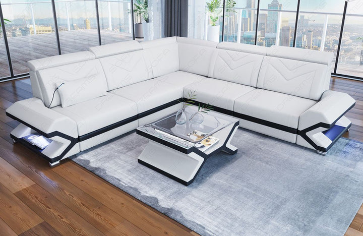 Ledersofa Sorrento Mini L Form mit LED in weiss-schwarz