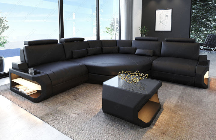 Design Leder Ecksofa Asti L Mini mit LED Beleuchtung in schwarz