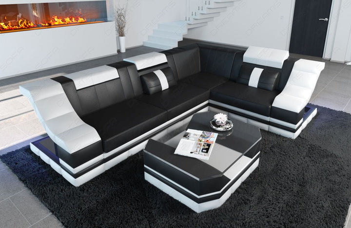 Modernes Leder Ecksofa Bianchi L Form mit LED-Beleuchtung in schwarz-weiÃŸ