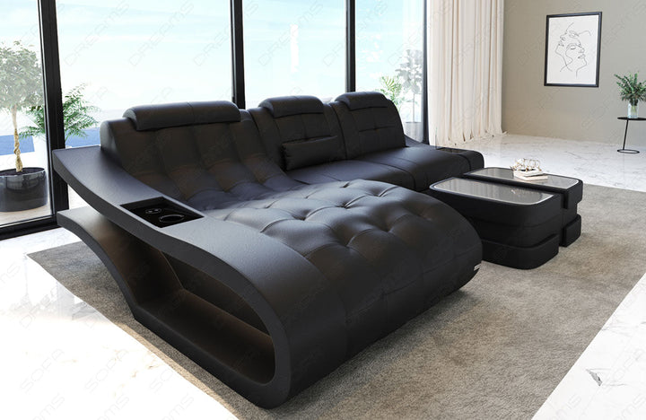 Leder Ecksofa Elegante L Form mit LED Beleuchtung komplett in schwarz
