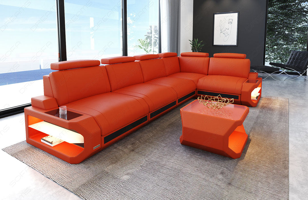Leder Ecksofa Siena L Form lang in orange-schwarz
