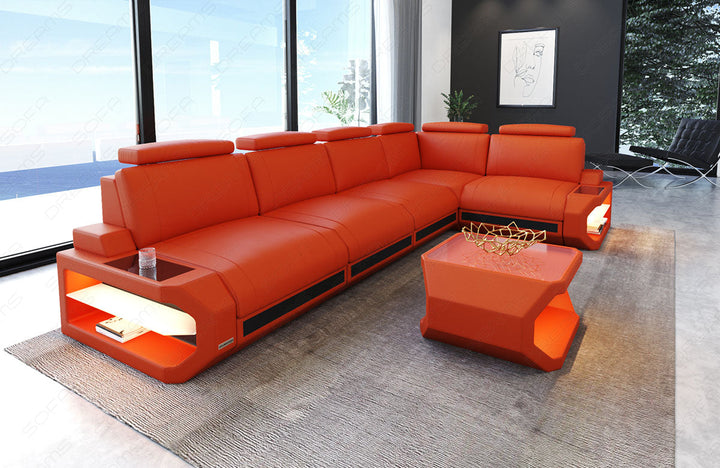 Leder Ecksofa Siena L Form lang in orange-schwarz