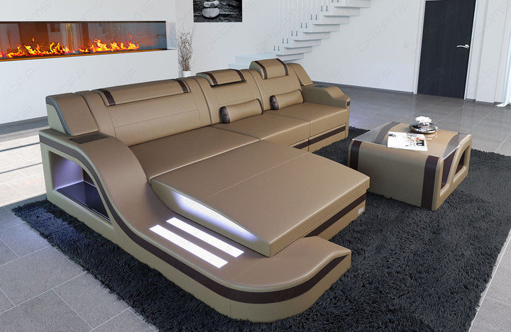 Modernes Leder Ecksofa Palermo in sandbeige-dunkelbraun