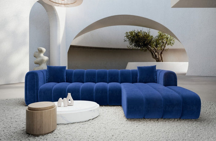 Luxus Design Eckcouch Almagro L Form kurz mit Samtstoff Bezug - Atlantikblau