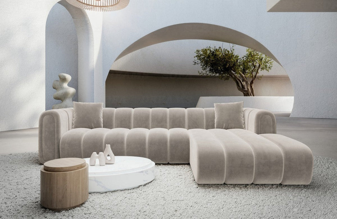 Luxus Design Eckcouch Almagro L Form kurz mit Samtstoff Bezug - Sand