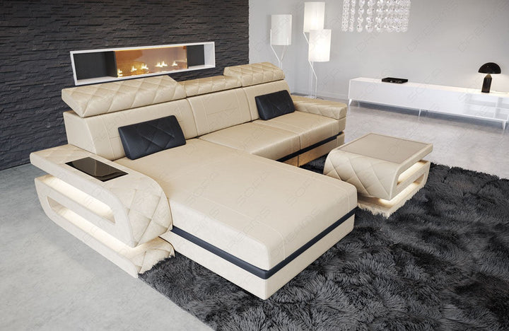 Stoffsofa Bologna Mini L Form mit LED und USB Anschluss in creme - SunVelvet1001